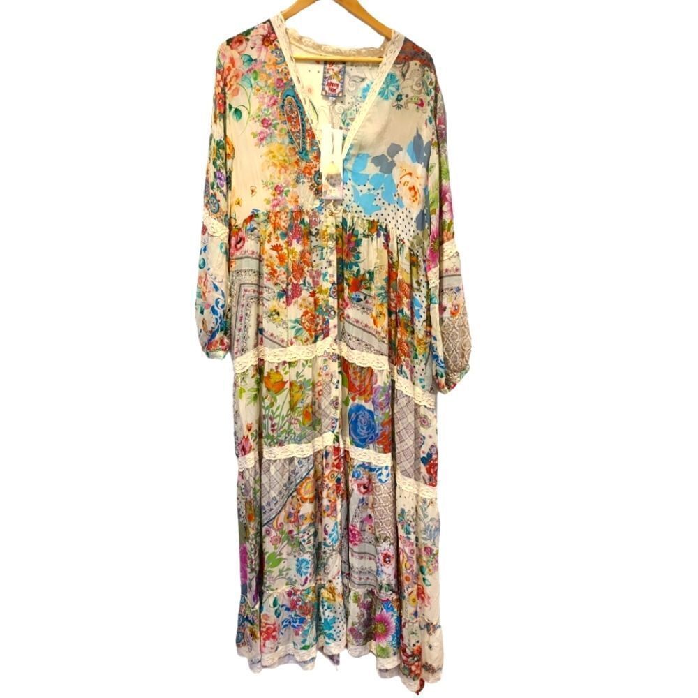 Johnny Was "Milana" Tiered Floral-print Maxi Dress/Duster with Lace Trim | L - Picture 2 of 15